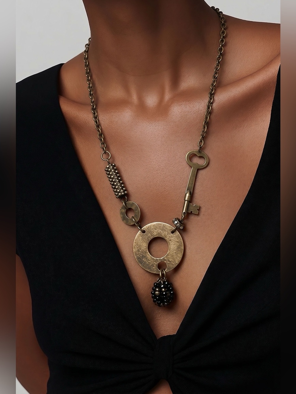 Industrial Vintage Style Steampunk Key & Rhinestone Mixed Metal Pendant Necklace